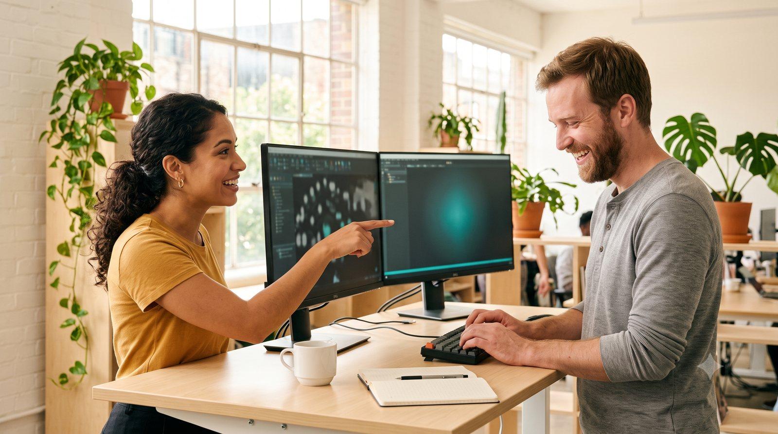 Two engineers building side by side at a standing desk, one pointing at code on a monitor while the other types