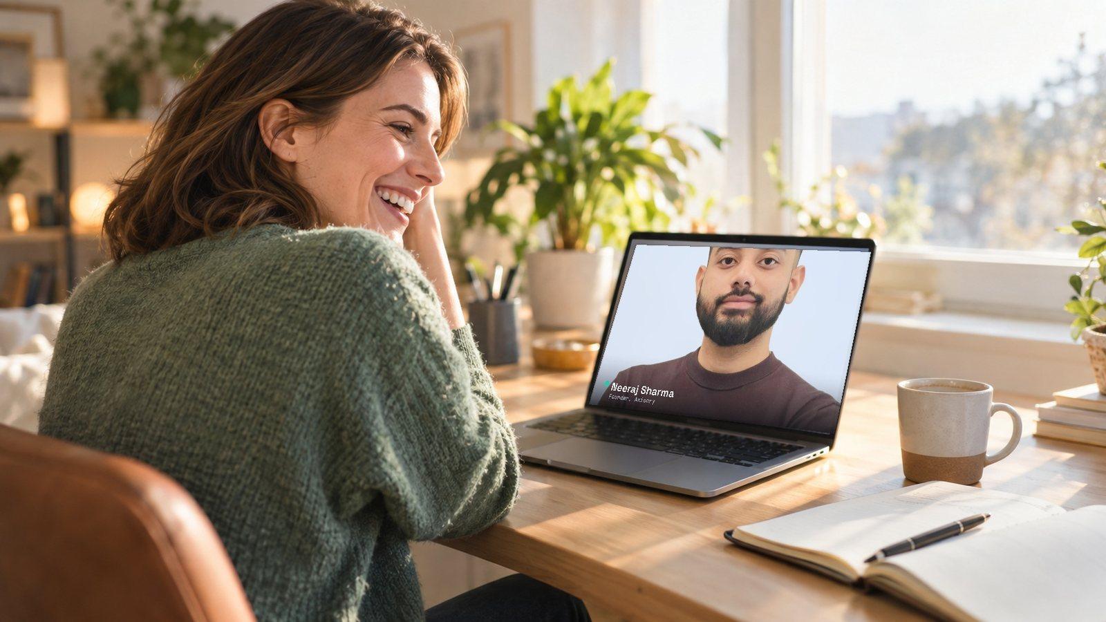 A founder on a video call with Neeraj Sharma, founder of Axionry, taking notes at a sunlit desk