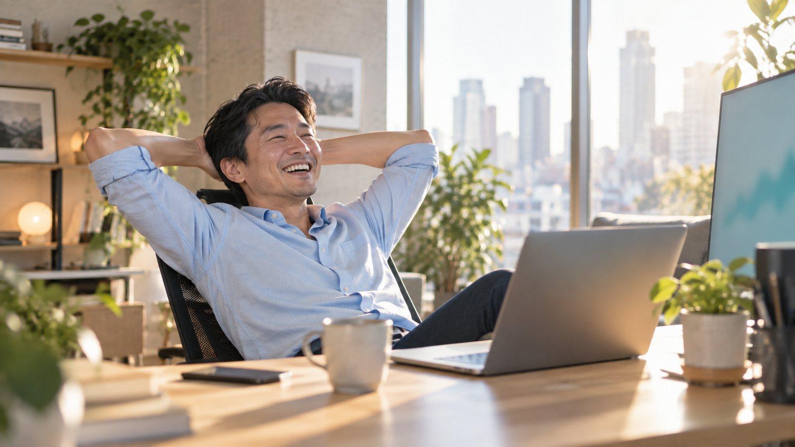 A founder sitting back from a laptop at a sunlit desk, visibly relieved after a review came back clean