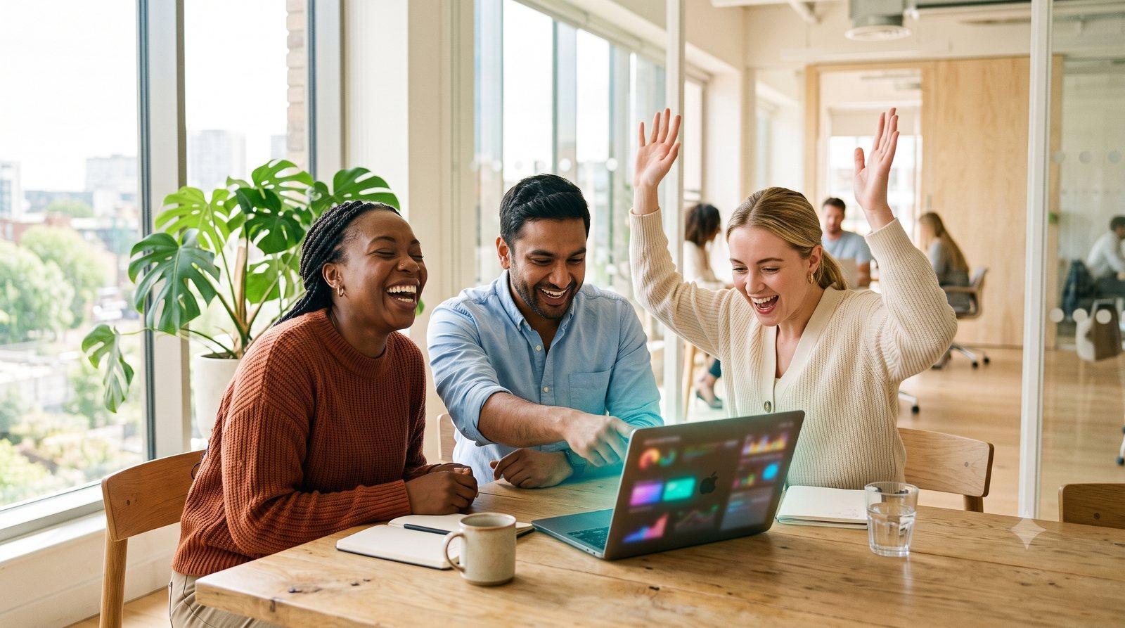 Three founders around a laptop in a sunlit office, celebrating the moment their product went live