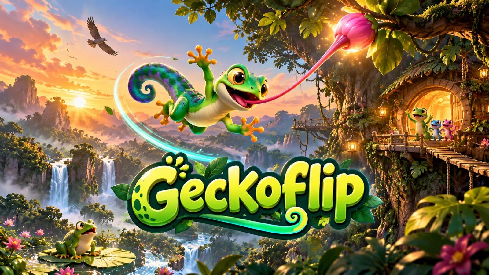 GeckoFlip key art: a green gecko swinging on its pink tongue from a glowing bud above a jungle of waterfalls