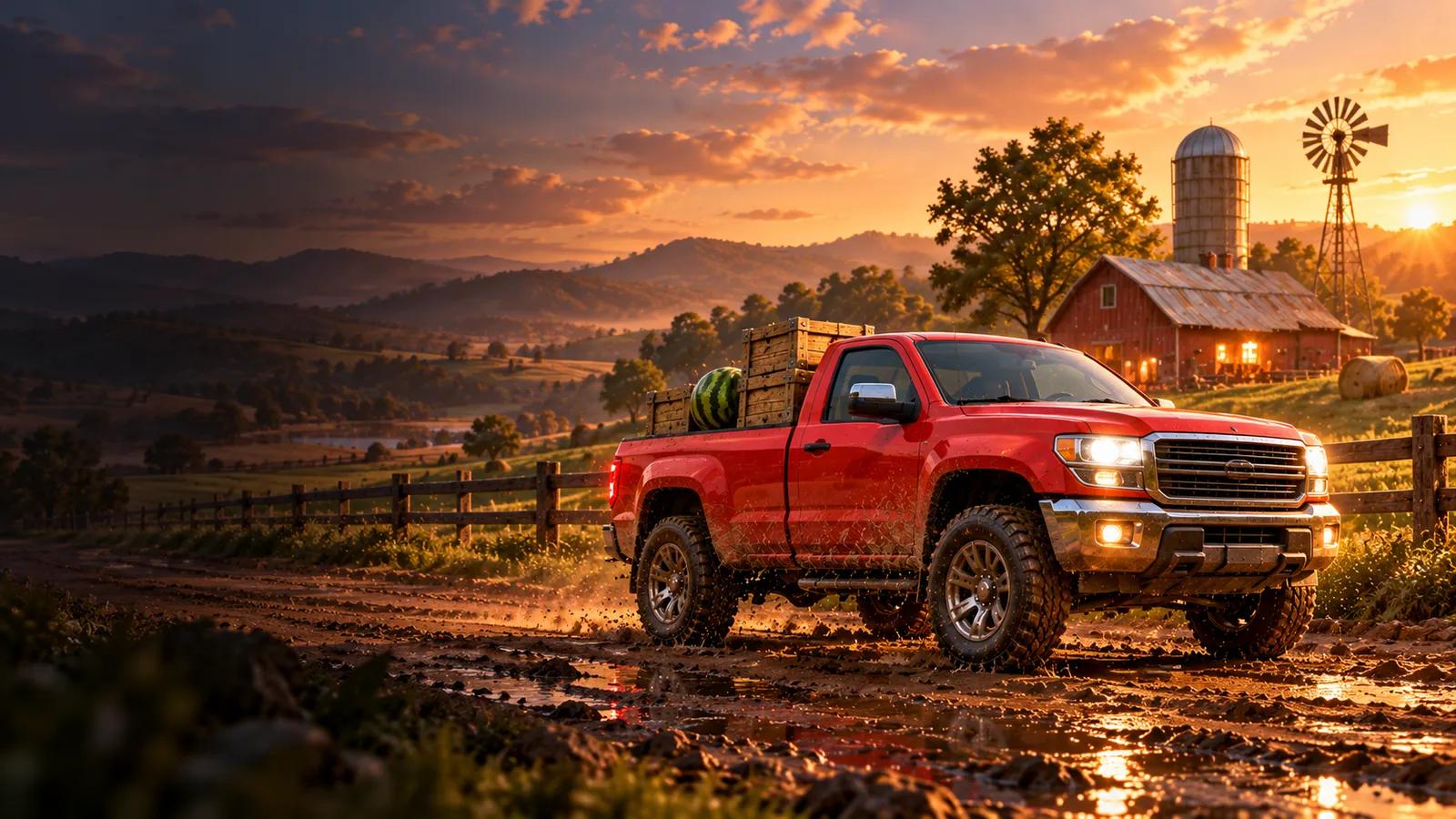 Wobble Haul, a browser game built by Axionry: a red pickup on a muddy farm road at sunset