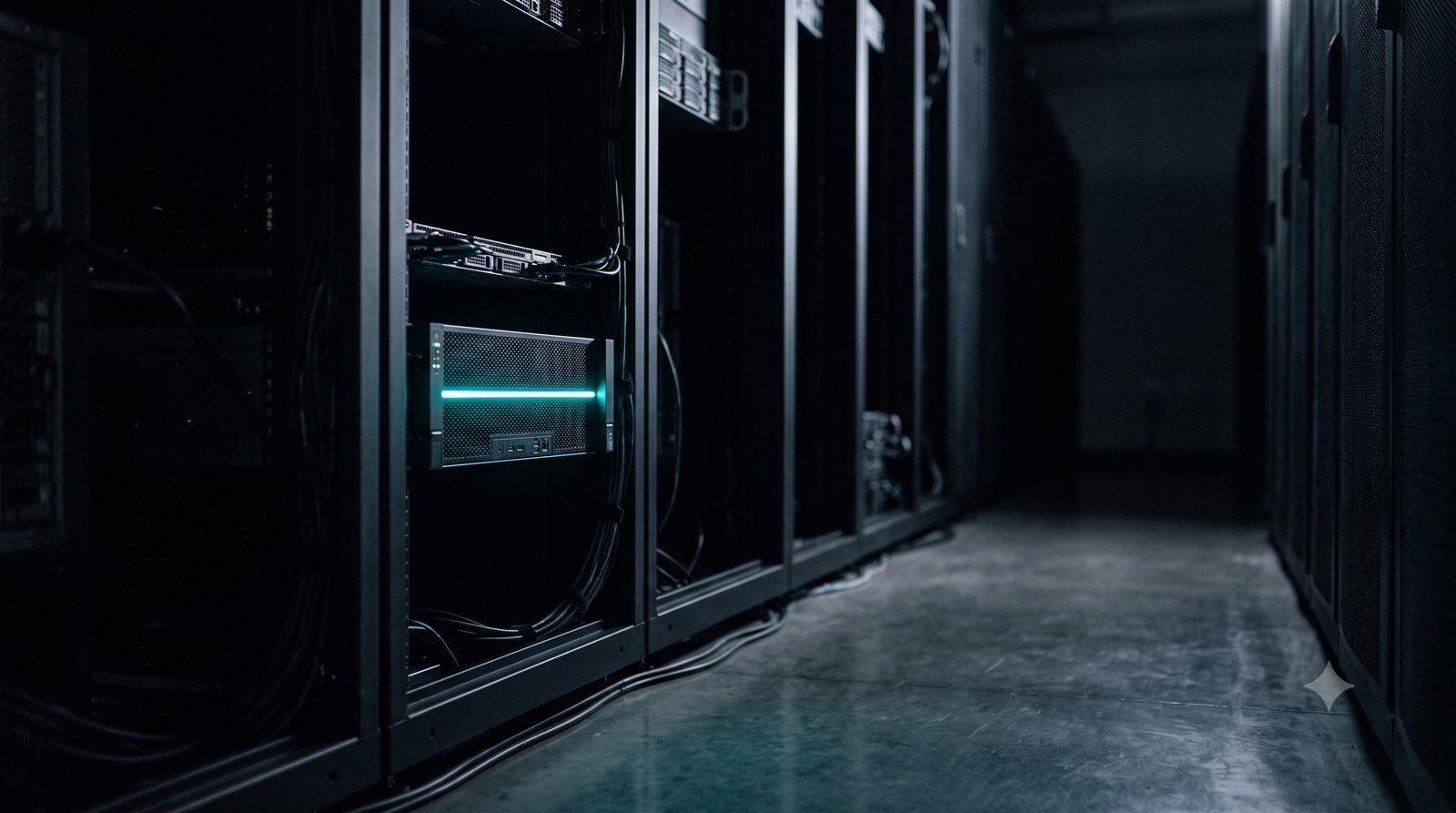 A single GPU server lit in a dark data-centre aisle, the hardware a self-hosted model runs on