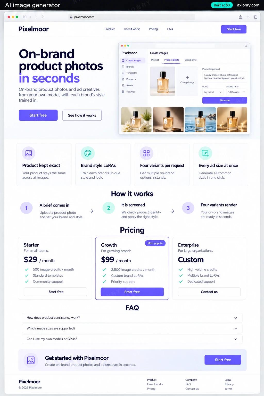 Full-page desktop screenshot of the Pixelmoor website: a navigation bar, a hero with the headline 'On-brand product photos in seconds' and a Start free button, feature cards for product kept exact, brand style loras, four variants per request and every ad size at once, a three-step how it works section (a brief comes in, it is screened, four variants render), pricing plans, an FAQ and a footer.