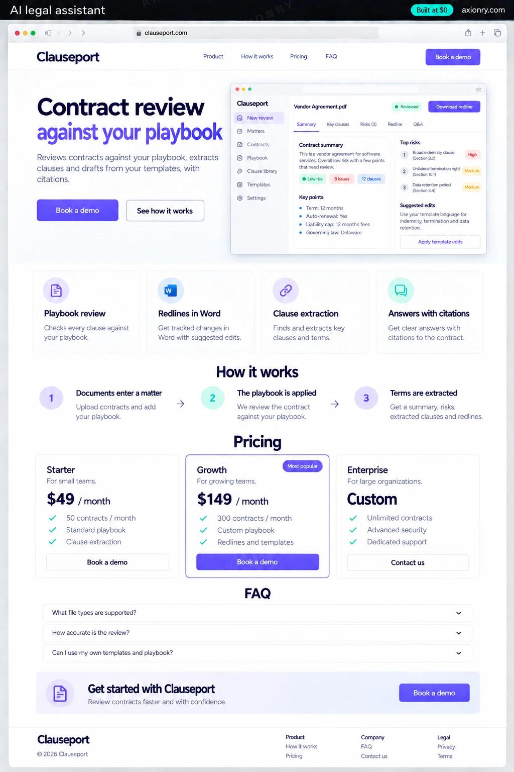 Full-page desktop screenshot of the Clauseport website: a navigation bar, a hero with the headline 'Contract review against your playbook' and a Book a demo button, feature cards for playbook review, redlines in word, clause extraction and answers with citations, a three-step how it works section (documents enter a matter, the playbook is applied, terms are extracted), pricing plans, an FAQ and a footer.