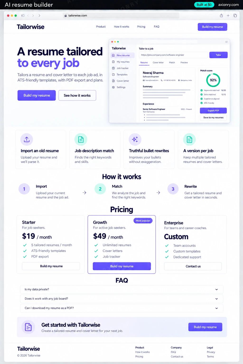 Full-page desktop screenshot of the Tailorwise website: a navigation bar, a hero with the headline 'A resume tailored to every job' and a Build my resume button, feature cards for import an old resume, job description match, truthful bullet rewrites and a version per job, a three-step how it works section (import, match, rewrite), pricing plans, an FAQ and a footer.