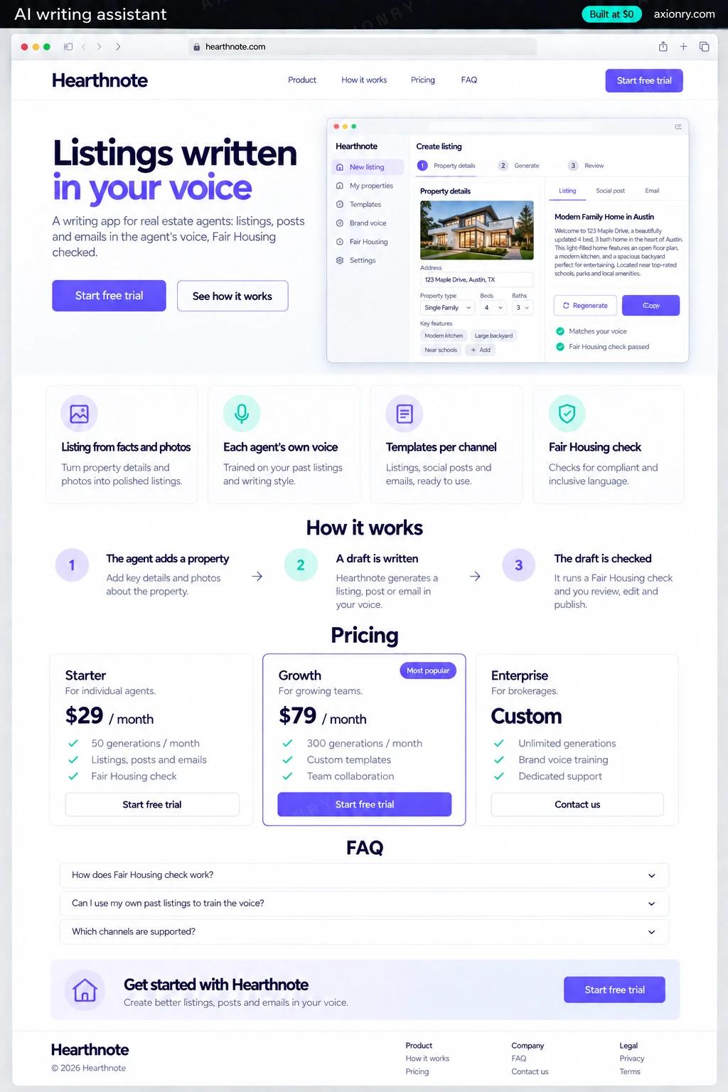 Full-page desktop screenshot of the Hearthnote website: a navigation bar, a hero with the headline 'Listings written in your voice' and a Start free trial button, feature cards for listing from facts and photos, each agent's own voice, templates per channel and fair housing check, a three-step how it works section (the agent adds a property, a draft is written, the draft is checked), pricing plans, an FAQ and a footer.