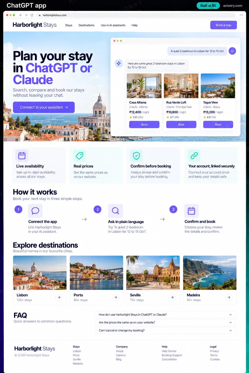 Full-page desktop screenshot of the Harborlight Stays website: a hero headed 'Plan your stay in ChatGPT or Claude' with a chat window showing stay results for Lisbon, feature cards for live availability, real prices, confirmation before booking and secure account linking, three steps to connect and book, a destinations grid, an FAQ and a footer.
