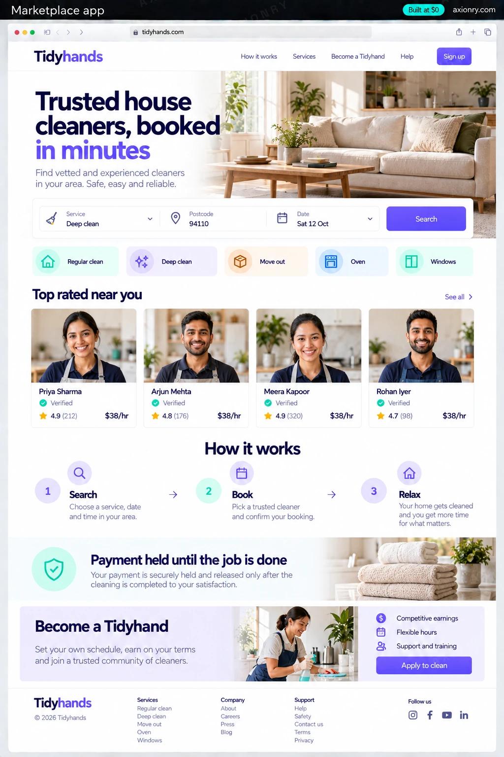 Full-page desktop screenshot of the Tidyhands website, an example of a finished marketplace app: a hero with the headline Trusted house cleaners, booked in minutes, a search bar with Service: Deep clean, Postcode: 94110, Date: Sat 12 Oct and a violet button Search; a row of service chips Regular clean, Deep clean, Move out, Oven, Windows; a section Top rated near you with four provider cards, each with an illustrated avatar, a name, a Verified badge, a rating like 4.9 (212) and $38/hr; a How it works row Search, Book, Relax; a band Payment held until the job is done; a band Become a Tidyhand with a button Apply to clean; a footer.