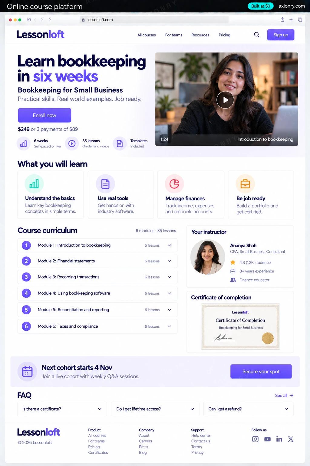 Full-page desktop screenshot of the Lessonloft website, an example of a finished online course platform: a hero with the headline Learn bookkeeping in six weeks, the course Bookkeeping for Small Business, a button Enroll now, the price $249 or 3 payments of $89 and a course video thumbnail with a play button; a row What you will learn with four items; a curriculum list with six modules and lesson counts; an instructor card with an illustrated avatar; a certificate preview; cohort dates Next cohort starts 4 Nov; an FAQ with three short questions; a footer.