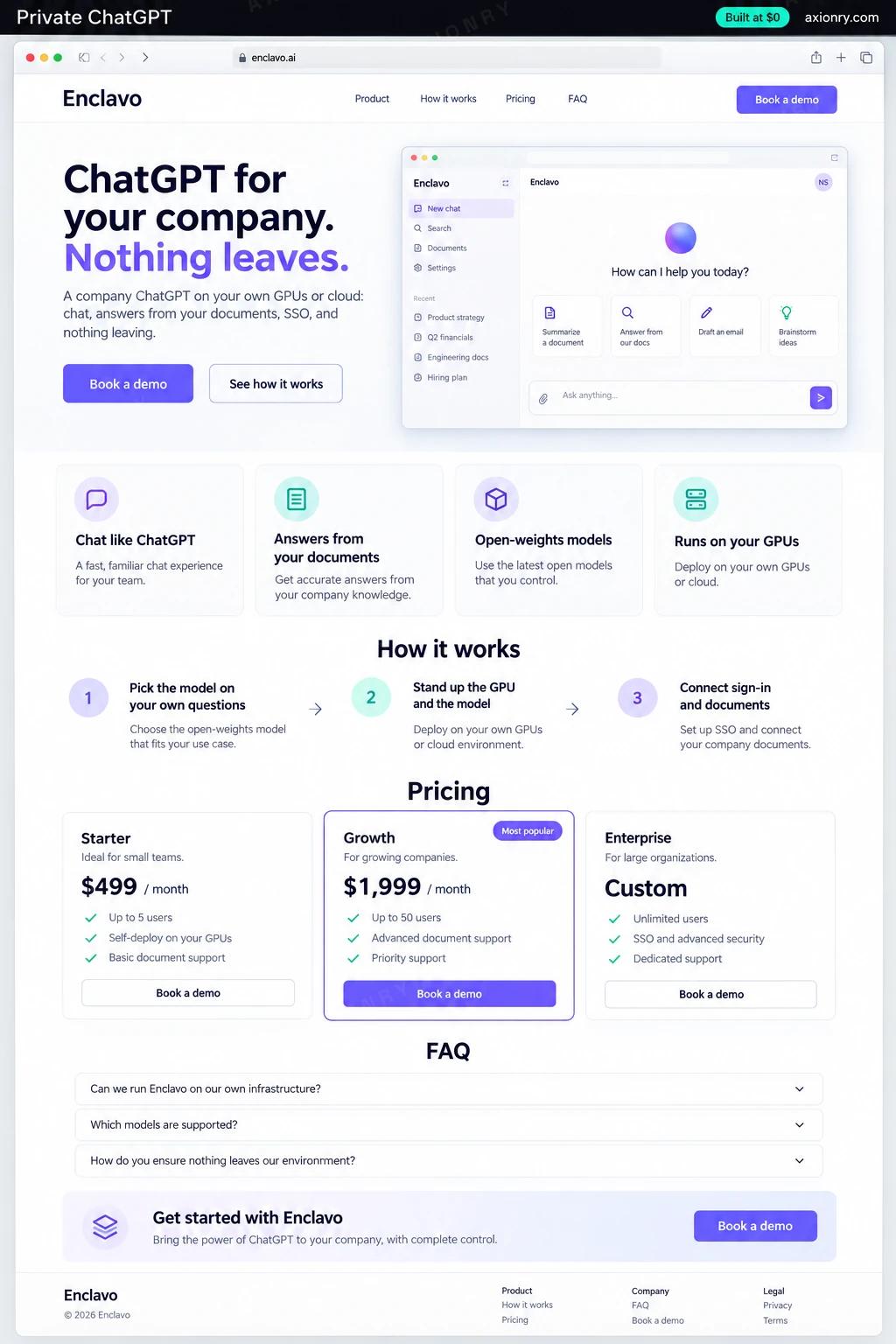Full-page desktop screenshot of the Enclavo website: a navigation bar, a hero with the headline 'ChatGPT for your company. Nothing leaves.' and a Book a demo button, feature cards for chat like chatgpt, answers from your documents, open-weights models and runs on your gpus, a three-step how it works section (pick the model on your own questions, stand up the gpu and the model, connect sign-in and documents), pricing plans, an FAQ and a footer.