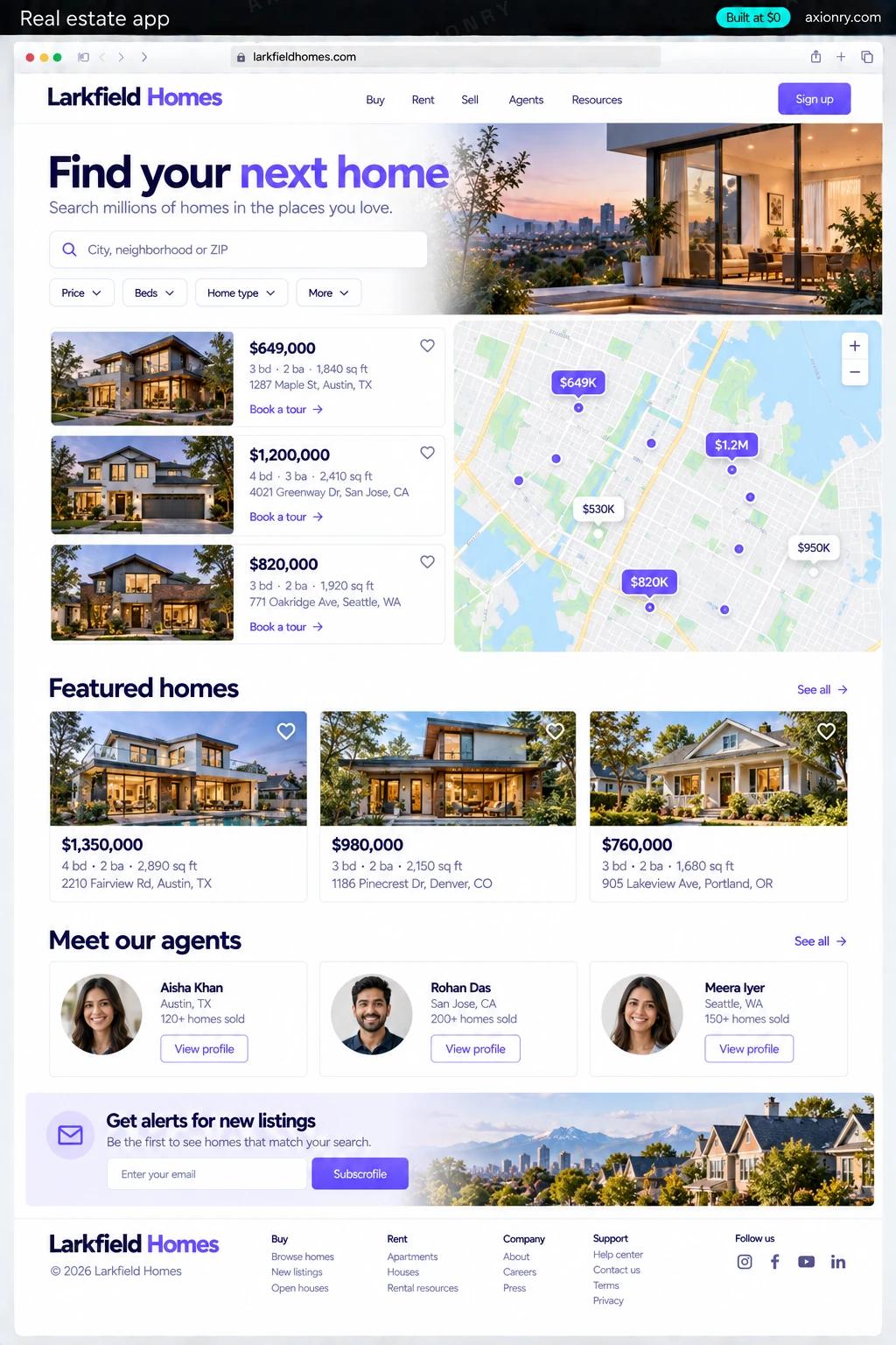 Full-page desktop screenshot of the Larkfield Homes website, an example of a finished real estate app: a hero with the headline Find your next home, a search bar City, neighborhood or ZIP with filter chips Price, Beds, Home type, More; a split view with a map on the right showing price pins like $649K and $1.2M and a list of listing cards on the left, each with a house photo, a price, 3 bd · 2 ba · 1,840 sq ft, an address and a Book a tour link; a section Featured homes with three large listing cards; a section Meet our agents with three agents shown as illustrated avatars with names; a band Get alerts for new listings with an email field; a footer.