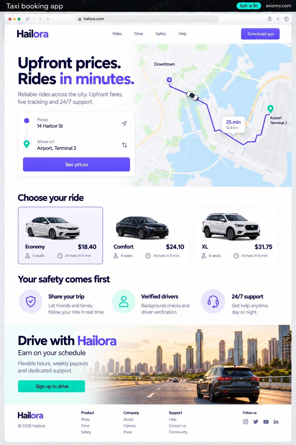 Full-page desktop screenshot of the Hailora website, an example of a finished taxi booking app: a hero with the headline Upfront prices. Rides in minutes., a card with a Pickup field 14 Harbor St, a Where to? field Airport, Terminal 2 and a violet button See prices, next to a stylised city map with a route line; a row of three ride options Economy $18.40, Comfort $24.10, XL $31.75 with seats and arrival times; a section Your safety comes first with three items Share your trip, Verified drivers, 24/7 support; a band Drive with Hailora with Earn on your schedule and a button Sign up to drive; a footer.