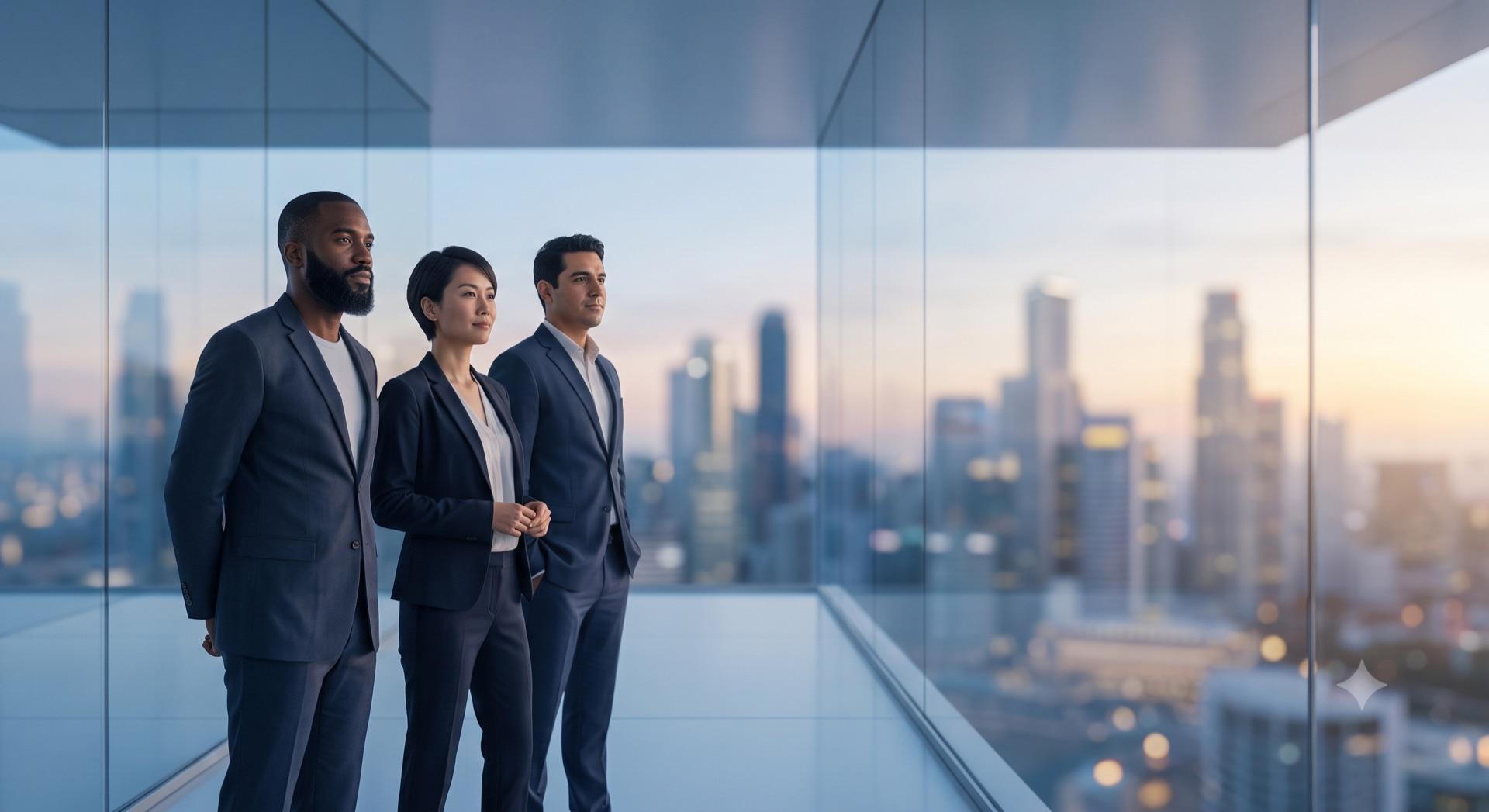 A hired engineering team standing in a modern office — refined candidates delivered end to end