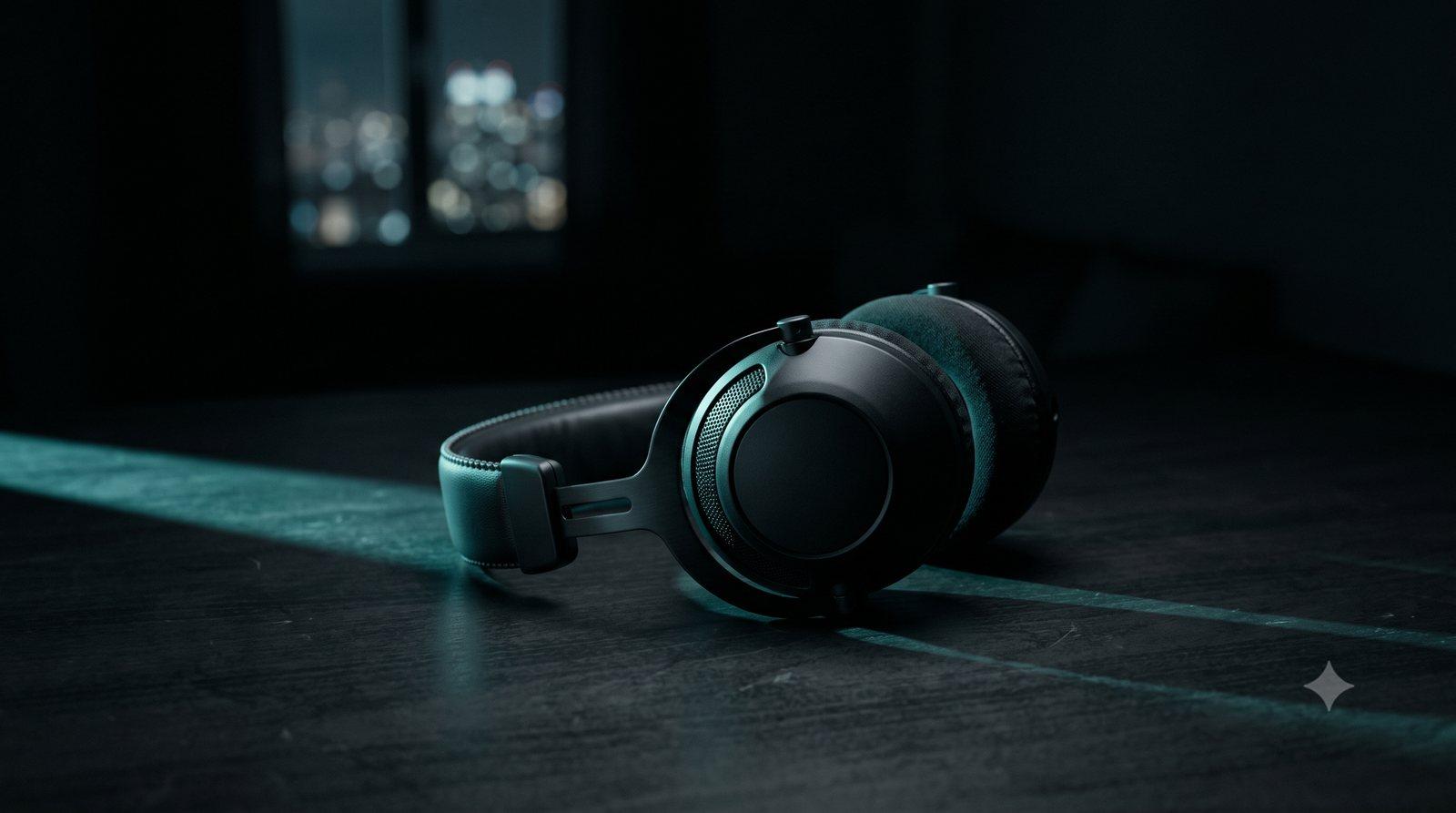 A headset resting on a desk at night, lit by a single band of light, the hardware behind a production voice agent