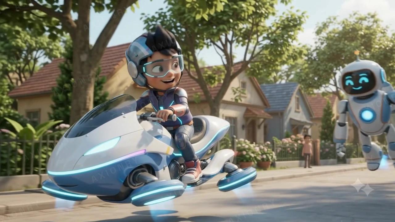 A frame from a finished AI-animated episode: a boy on a hover bike with his robot flying alongside