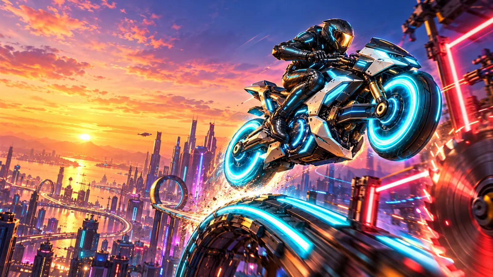 Magline Moto key art: a rider on a glowing mag-rail motorbike leaping off a neon track above a futuristic city at sunset