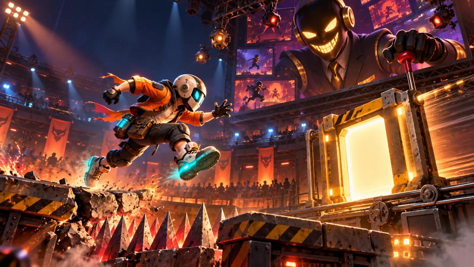 Rigged Run key art: a helmeted runner leaping over spikes while a grinning game-show host pulls a lever