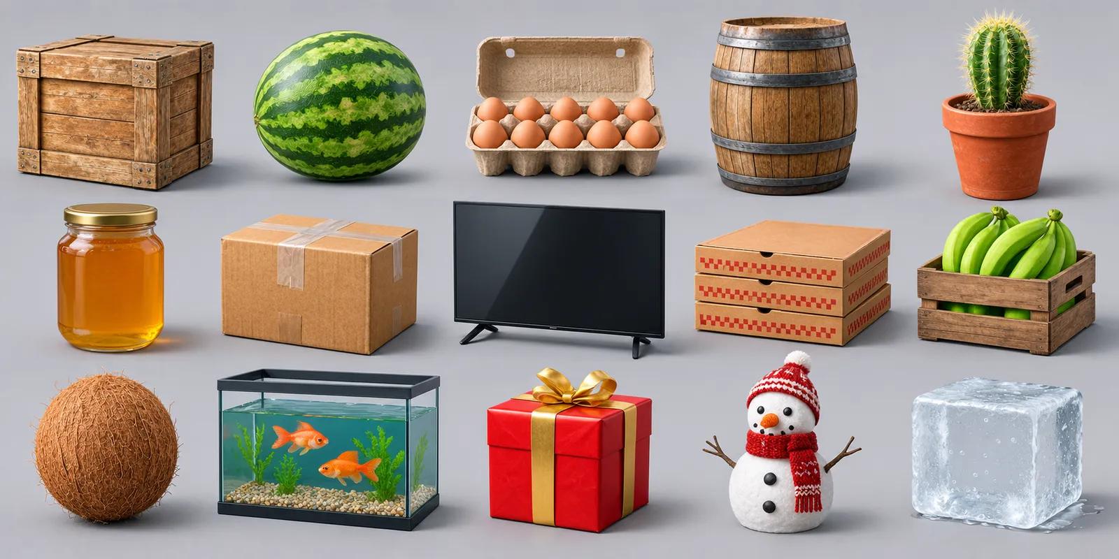 The 15 Wobble Haul cargo types, from crates and eggs to a fish tank, a snowman and a block of ice