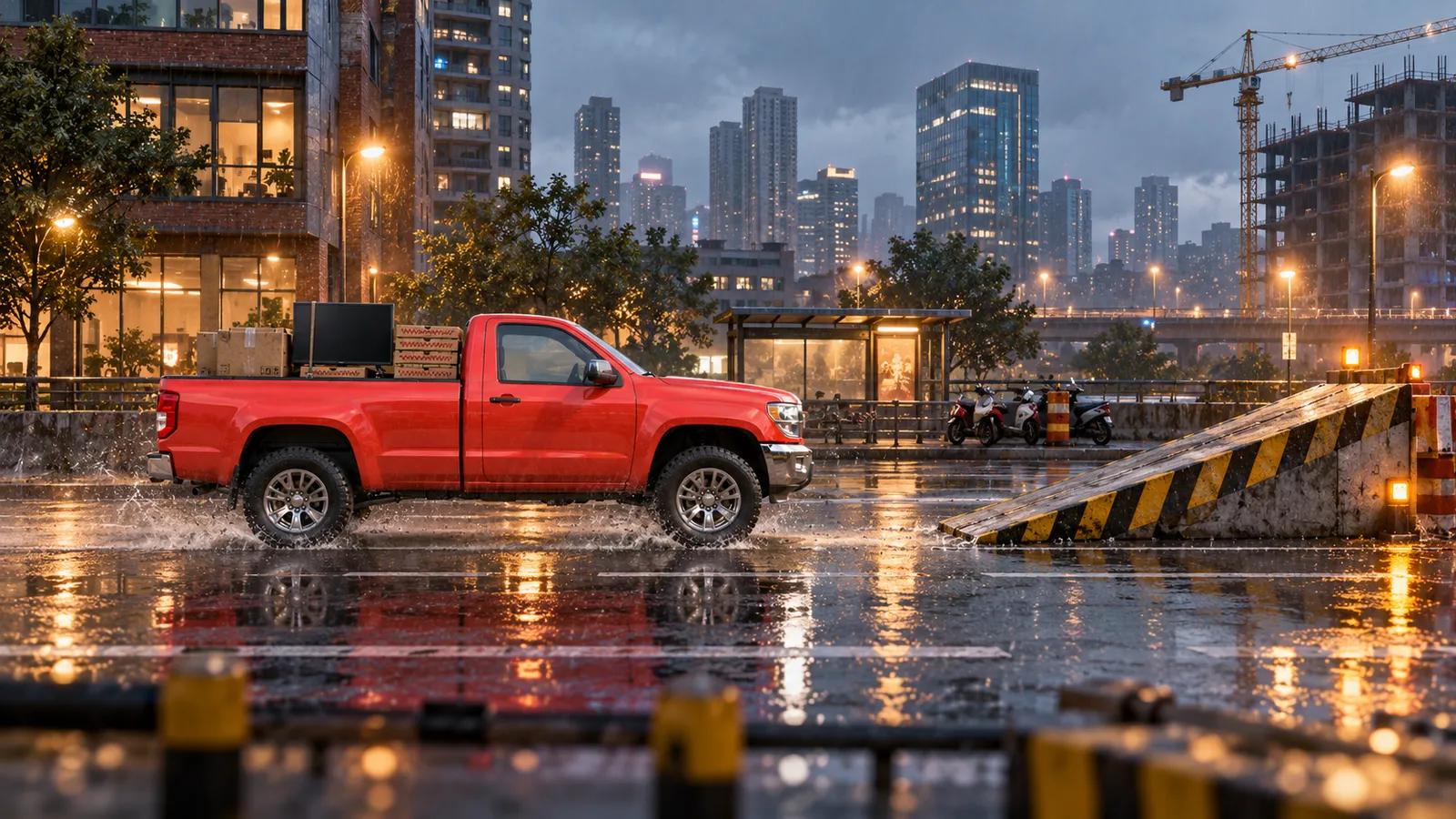 Wobble Haul city world: the pickup on a wet street at night with a construction ramp ahead