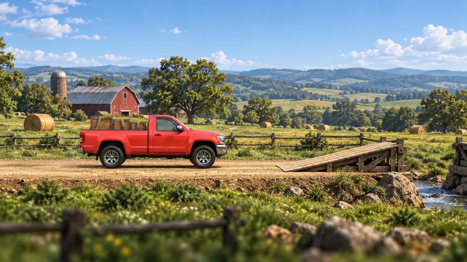 Wobble Haul countryside world: the pickup on a dirt road past a red barn and a plank bridge