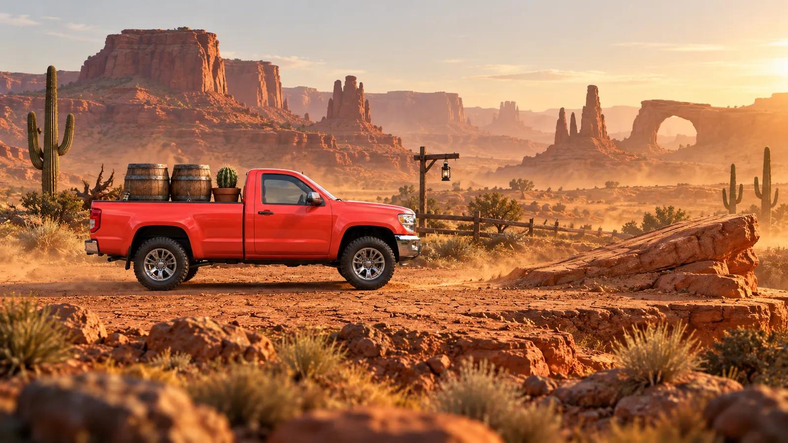 Wobble Haul desert canyon world: the pickup carrying barrels past red rock mesas and cacti
