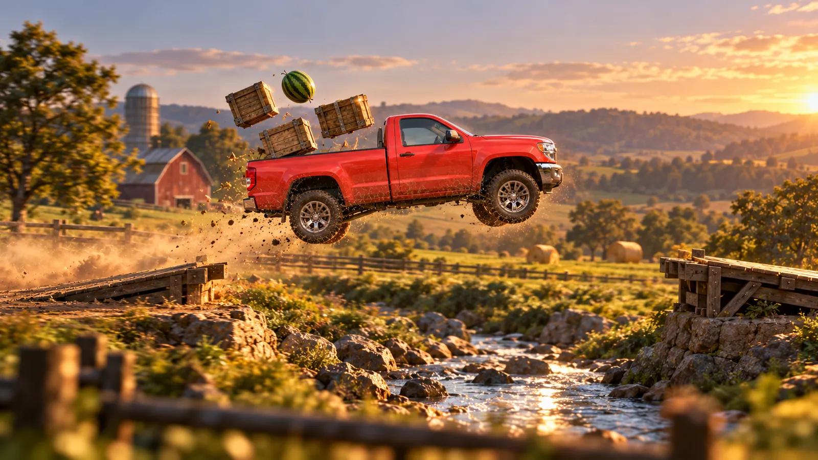 Wobble Haul: a red pickup truck in mid-air over a farm creek, crates and a watermelon lifting off its bed