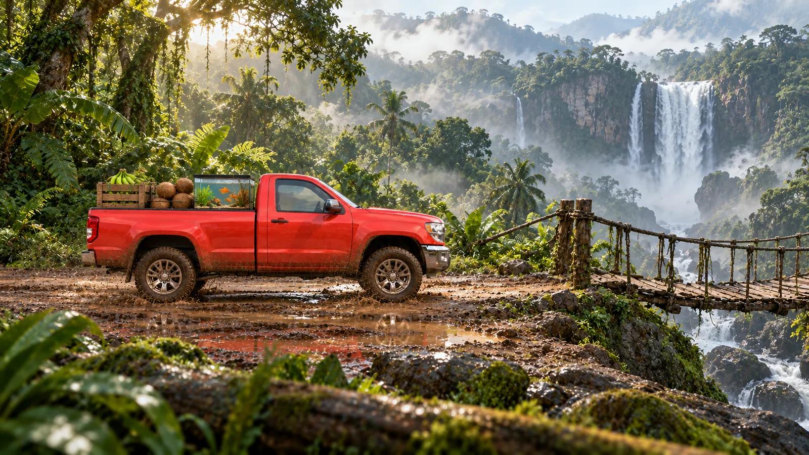 Wobble Haul rainforest world: the pickup at a rope bridge in front of a waterfall