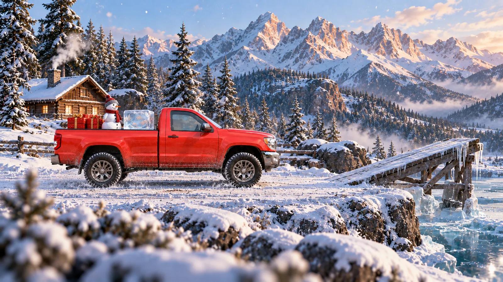 Wobble Haul snow world: the pickup on an icy road below snowy mountains and a cabin