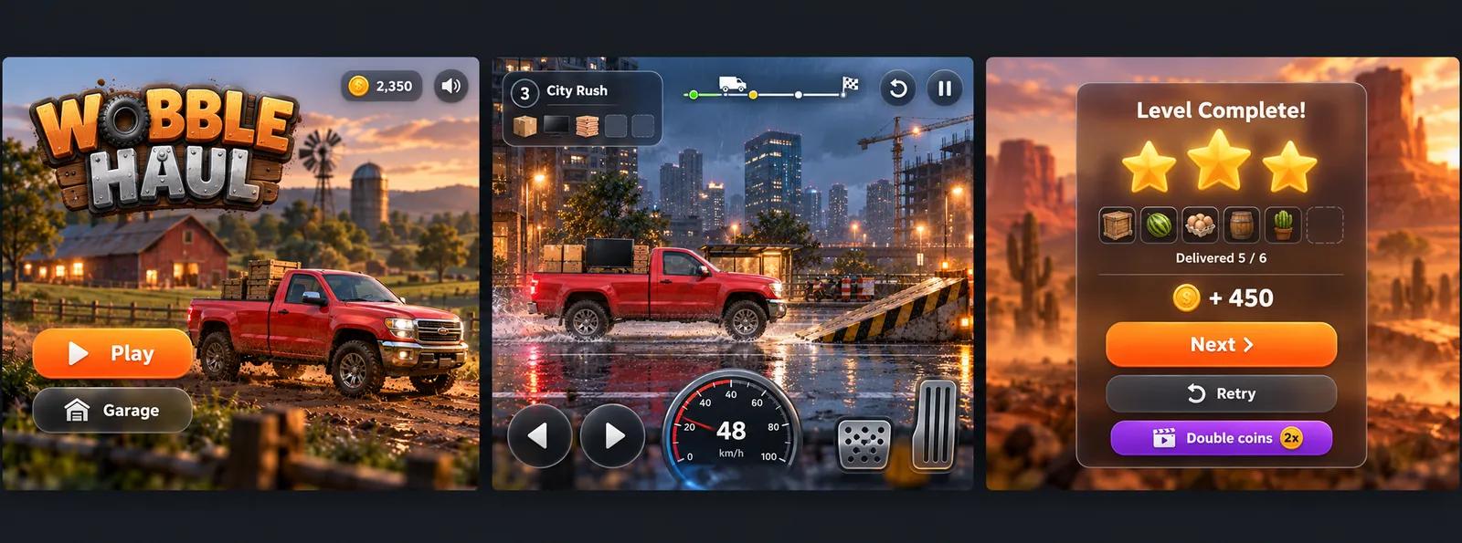 Wobble Haul screens: the main menu, the driving HUD with pedals, and the level complete screen with stars