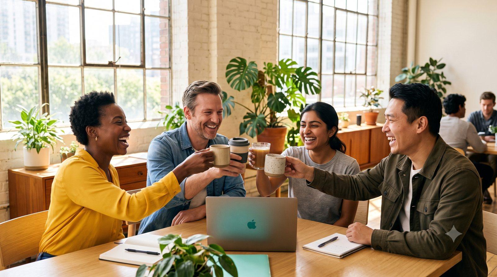 Four founders raising coffee cups around an open laptop in a sunlit loft office on launch day