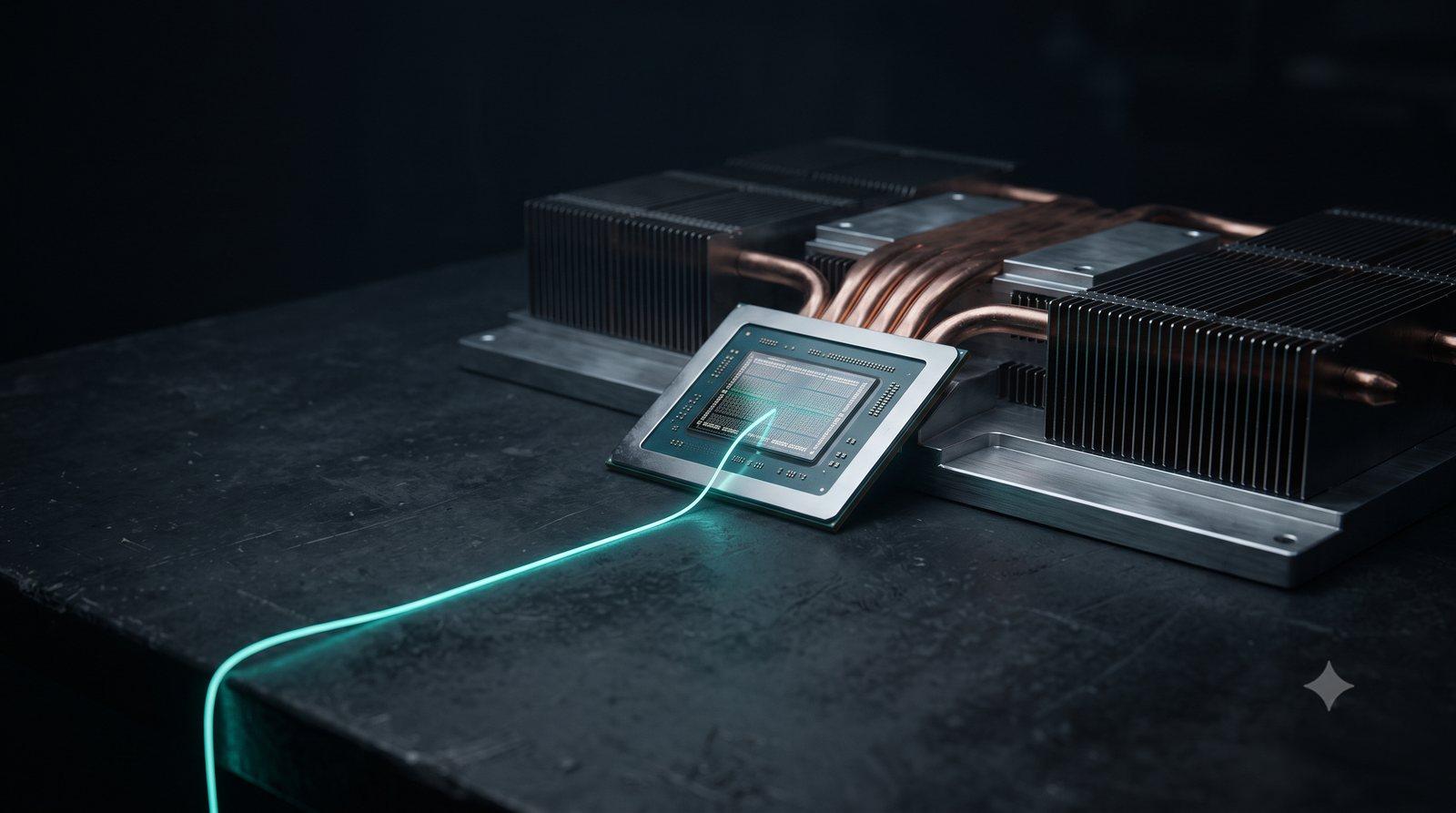 Close-up of a GPU processor with one illuminated path leading away, the private route between an application and its model