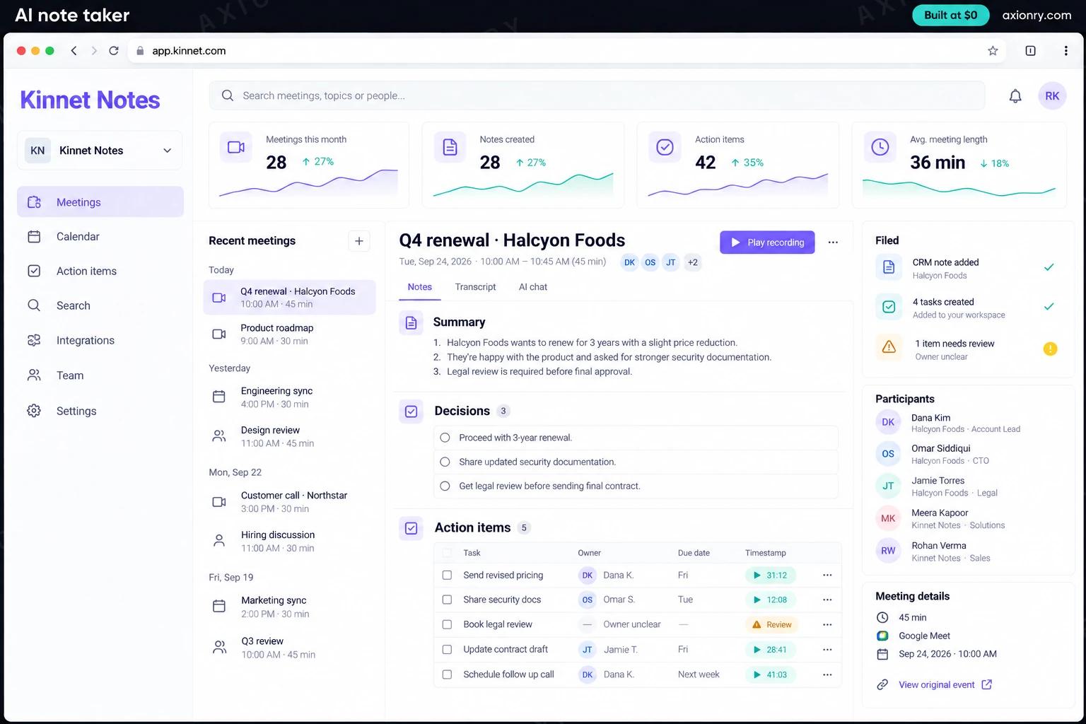 AI note taker: the Kinnet Notes portal, an example of the finished product