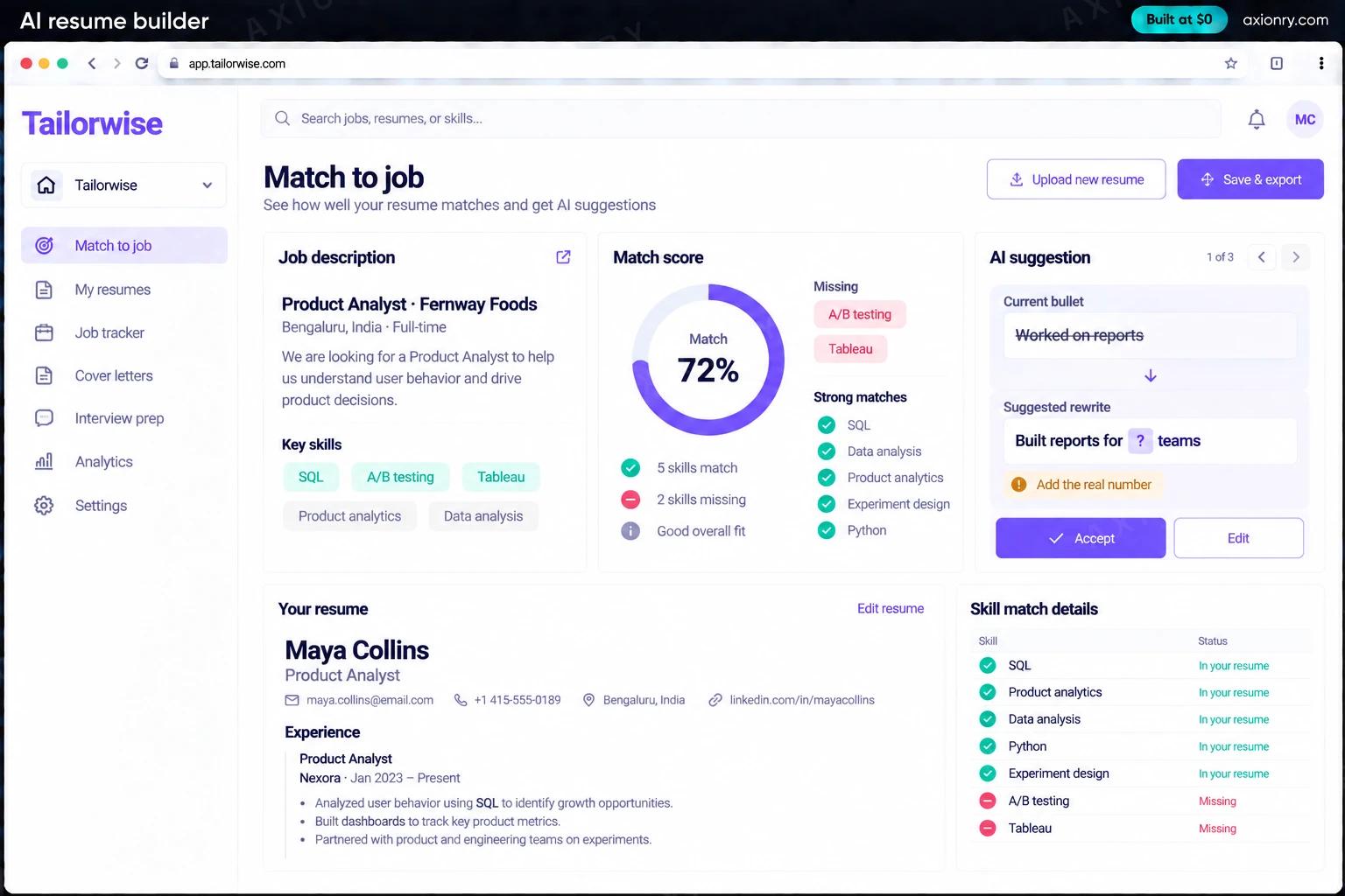 AI resume builder: the Tailorwise portal, an example of the finished product