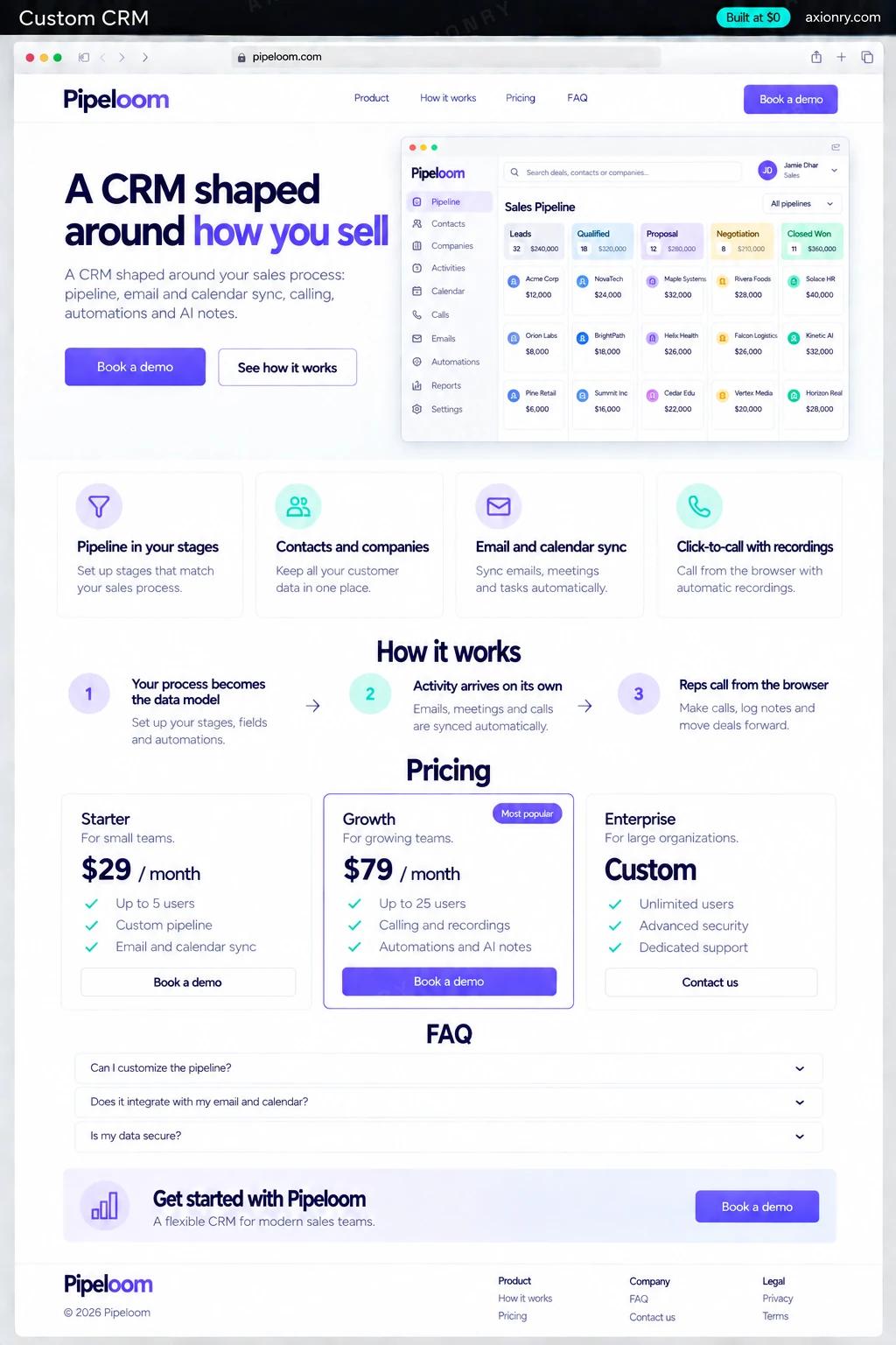 Full-page desktop screenshot of the Pipeloom website: a navigation bar, a hero with the headline 'A CRM shaped around how you sell' and a Book a demo button, feature cards for pipeline in your stages, contacts and companies, email and calendar sync and click-to-call with recordings, a three-step how it works section (your process becomes the data model, activity arrives on its own, reps call from the browser), pricing plans, an FAQ and a footer.