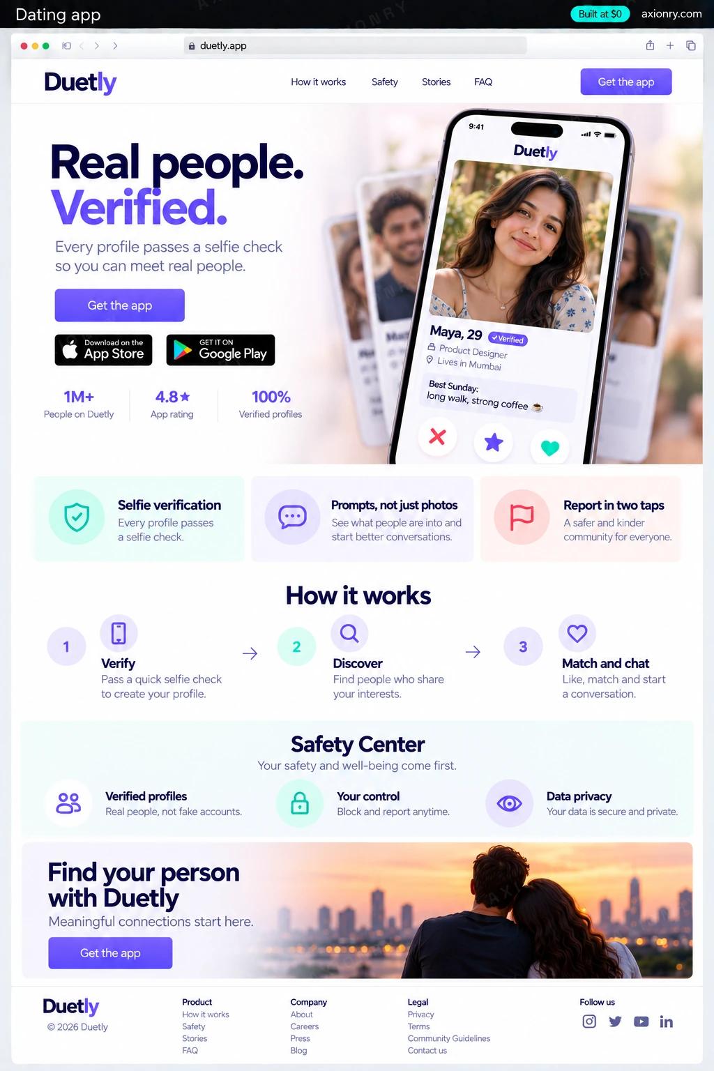 Full-page desktop screenshot of the Duetly website, an example of a finished dating app: a hero with the headline Real people. Verified., the line Every profile passes a selfie check, a button Get the app and a phone showing an illustrated profile card Maya, 29 with a Verified badge and a prompt Best Sunday: long walk, strong coffee; a row of three features Selfie verification, Prompts, not just photos, Report in two taps; a How it works row Verify, Discover, Match and chat; a section Safety Center with three short points; a footer.