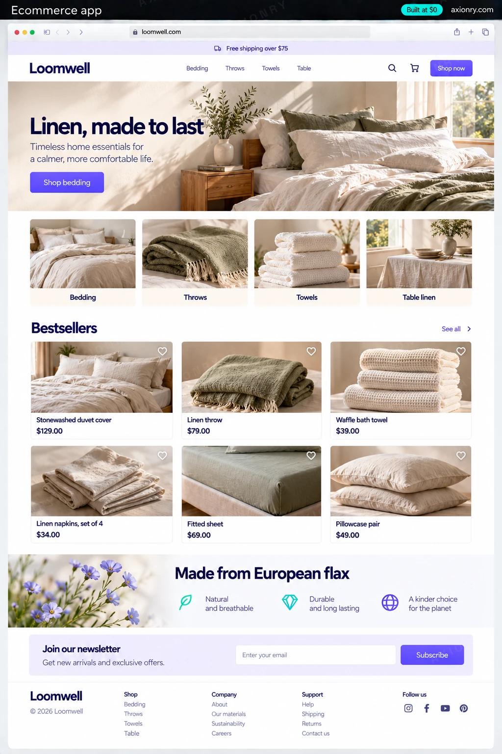Full-page desktop screenshot of the Loomwell website, an example of a finished ecommerce app: a slim announcement bar Free shipping over $75; a navigation bar with Bedding, Throws, Towels, Table, a search icon and a cart icon; a large hero banner with a photo of natural linen bedding in a sunlit bedroom, the headline Linen, made to last and a button Shop bedding; four category tiles Bedding, Throws, Towels, Table linen with photos; a Bestsellers grid of six product cards with photos, names (Stonewashed duvet cover, Linen throw, Waffle bath towel, Linen napkins, set of 4, Fitted sheet, Pillowcase pair) and prices; a band Made from European flax with three short points; a newsletter signup; a footer.