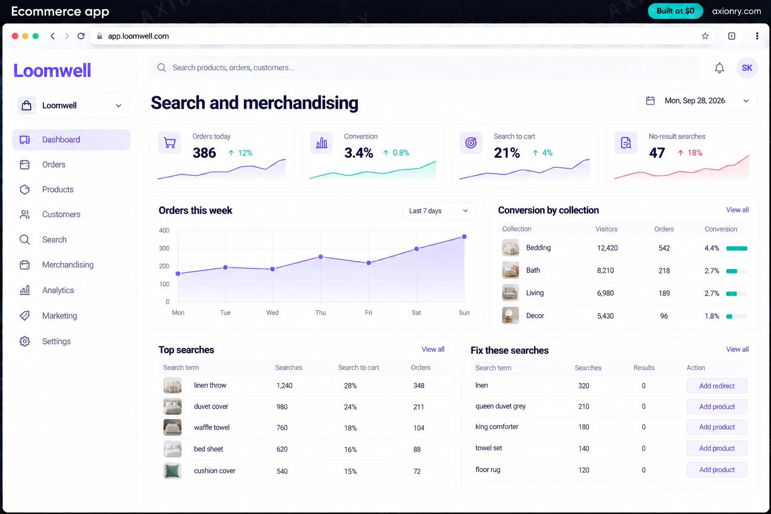 Ecommerce app: the Loomwell portal, an example of the finished product