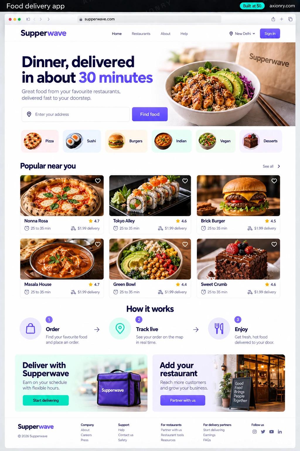 Full-page desktop screenshot of the Supperwave website, an example of a finished food delivery app: a hero with the headline Dinner, delivered in about 30 minutes, an address field Enter your address and an violet button Find food; a row of cuisine chips Pizza, Sushi, Burgers, Indian, Vegan, Desserts; a section Popular near you with six restaurant cards, each with a food photo, a restaurant name (Nonna Rosa, Tokyo Alley, Brick Burger, Masala House, Green Bowl, Sweet Crumb), a rating like 4.7, 25 to 35 min and $1.99 delivery; a How it works row with three steps Order, Track live, Enjoy; two side-by-side banners Deliver with Supperwave and Add your restaurant; a footer.