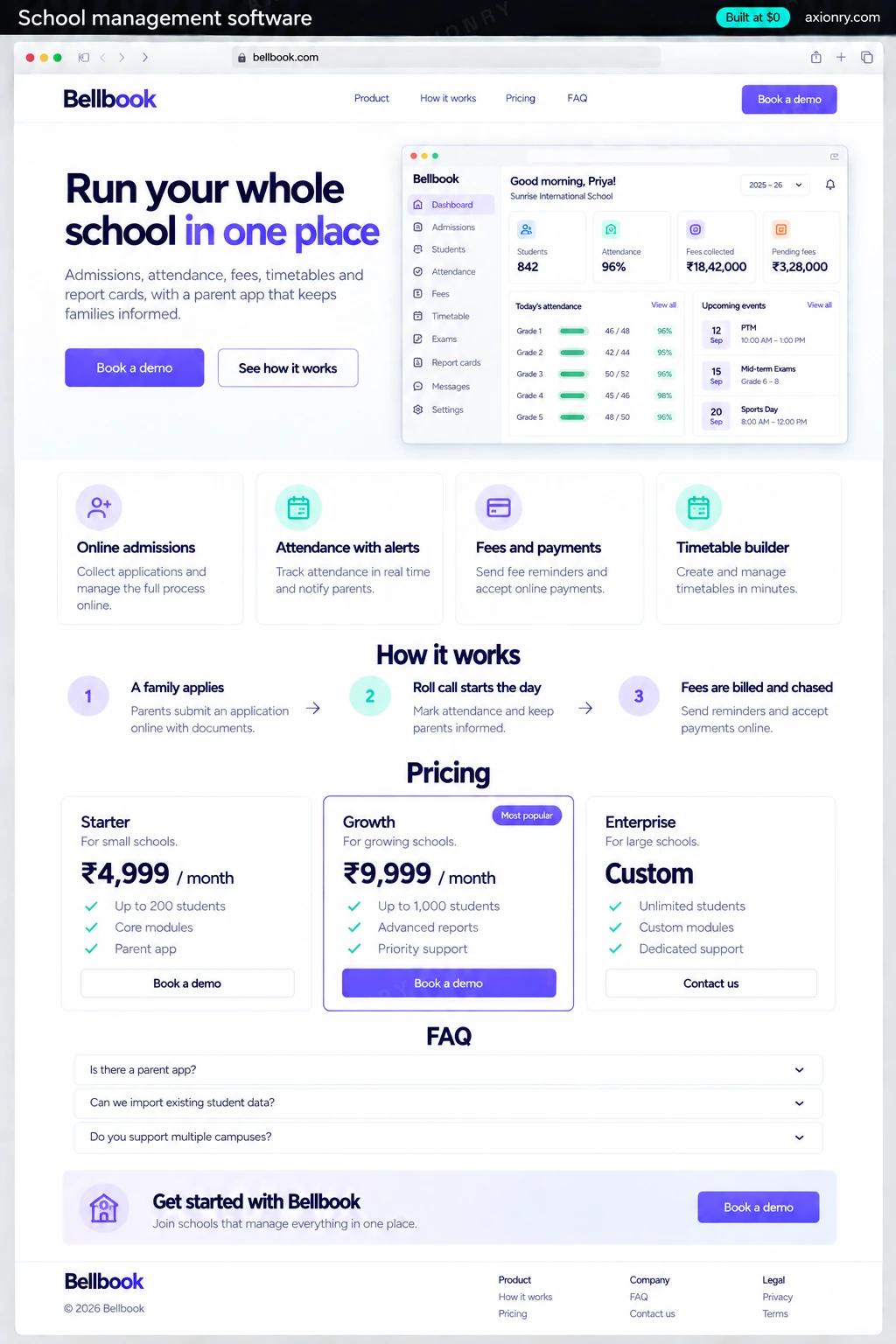 Full-page desktop screenshot of the Bellbook website: a navigation bar, a hero with the headline 'Run your whole school in one place' and a Book a demo button, feature cards for online admissions, attendance with alerts, fees and payments and timetable builder, a three-step how it works section (a family applies, roll call starts the day, fees are billed and chased), pricing plans, an FAQ and a footer.