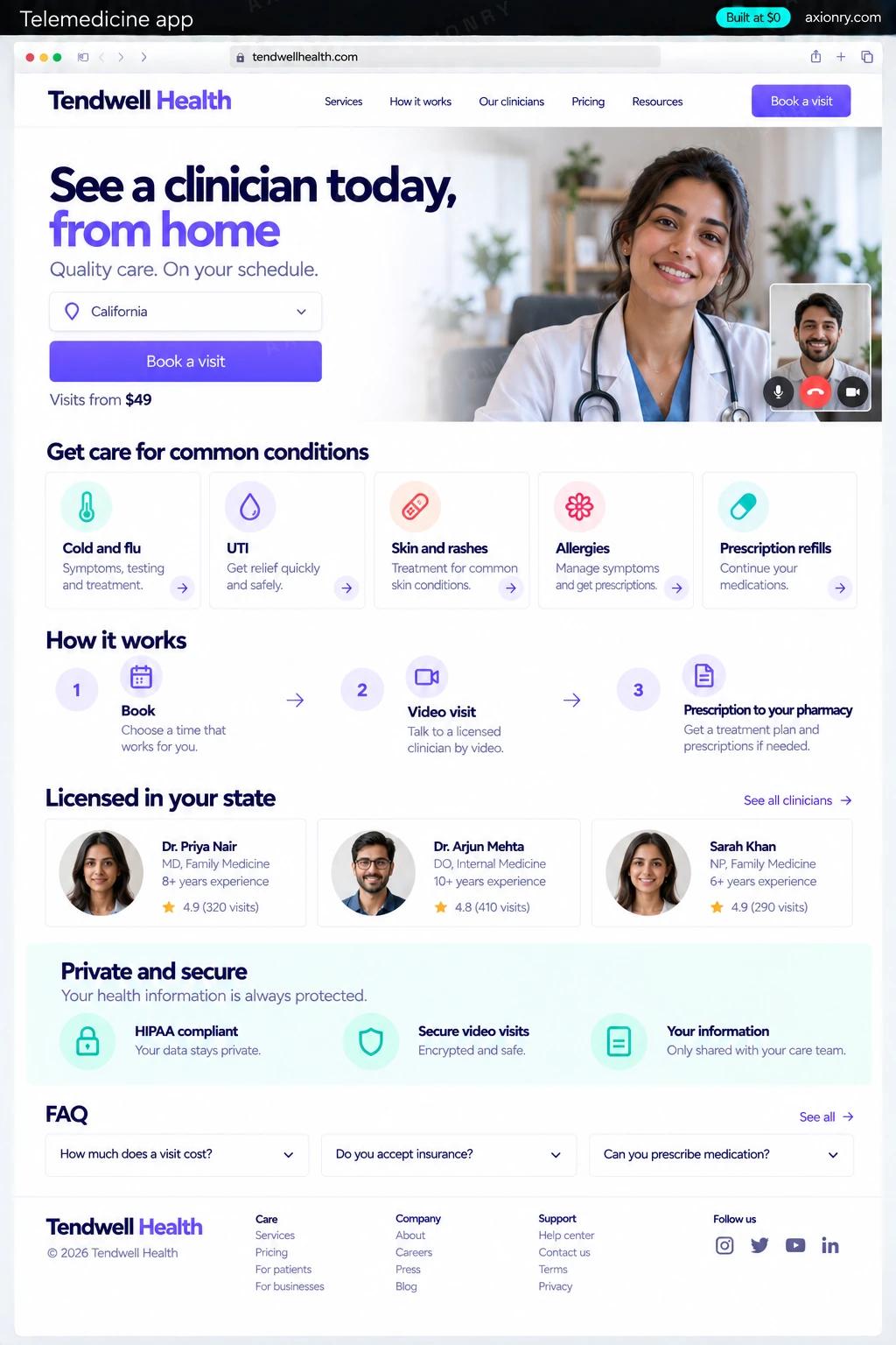 Full-page desktop screenshot of the Tendwell Health website, an example of a finished telemedicine app: a hero with the headline See a clinician today, from home, a state selector California, a button Book a visit and the line Visits from $49; a row of care tiles Cold and flu, UTI, Skin and rashes, Allergies, Prescription refills; a How it works row Book, Video visit, Prescription to your pharmacy; a section Licensed in your state with three clinicians shown as illustrated avatars with names and credentials; a band Private and secure with three short points; an FAQ with three short questions; a footer.