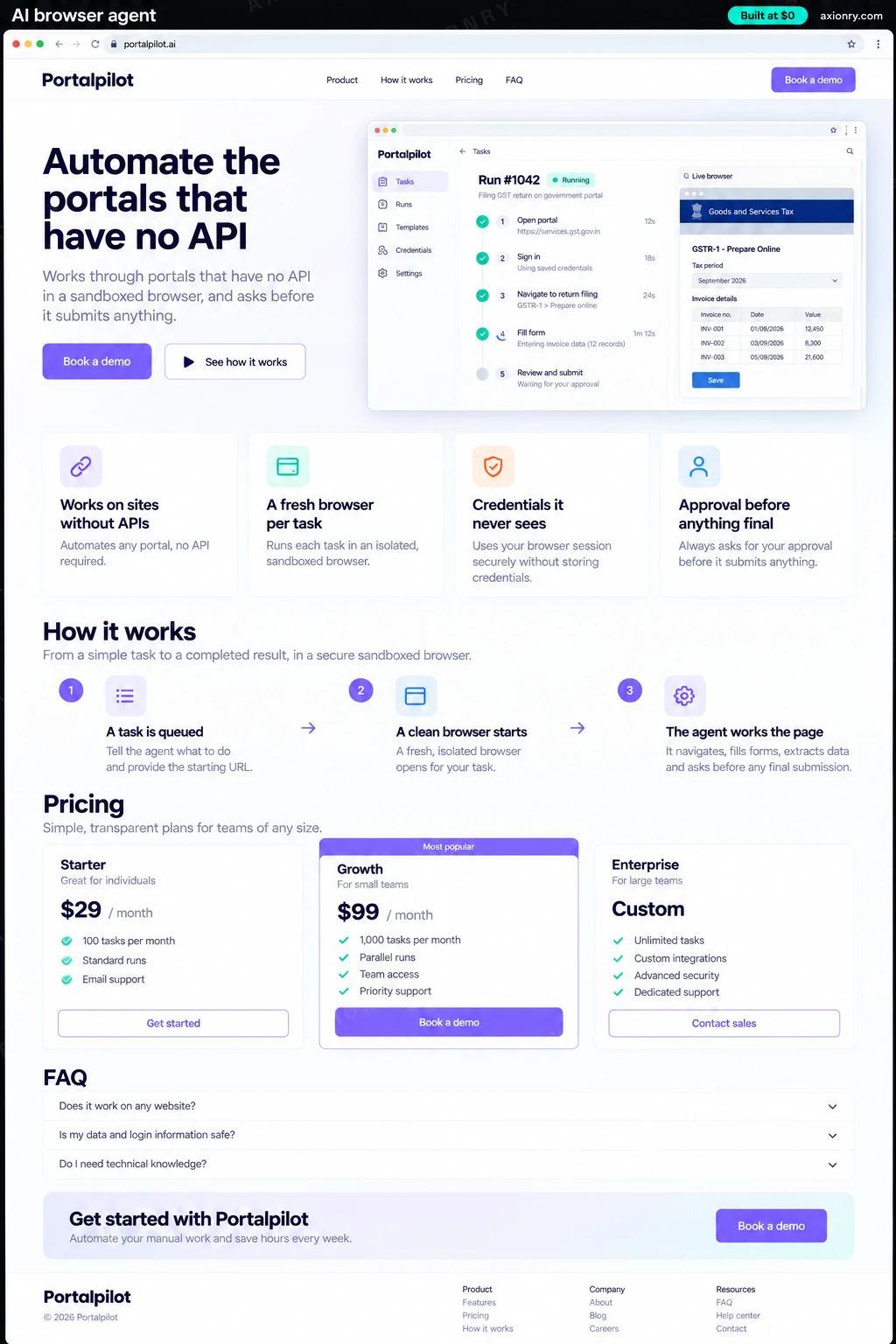 Full-page desktop screenshot of the Portalpilot website: a navigation bar, a hero with the headline 'Automate the portals that have no API' and a Book a demo button, feature cards for works on sites without apis, a fresh browser per task, credentials it never sees and approval before anything final, a three-step how it works section (a task is queued, a clean browser starts, the agent works the page), pricing plans, an FAQ and a footer.