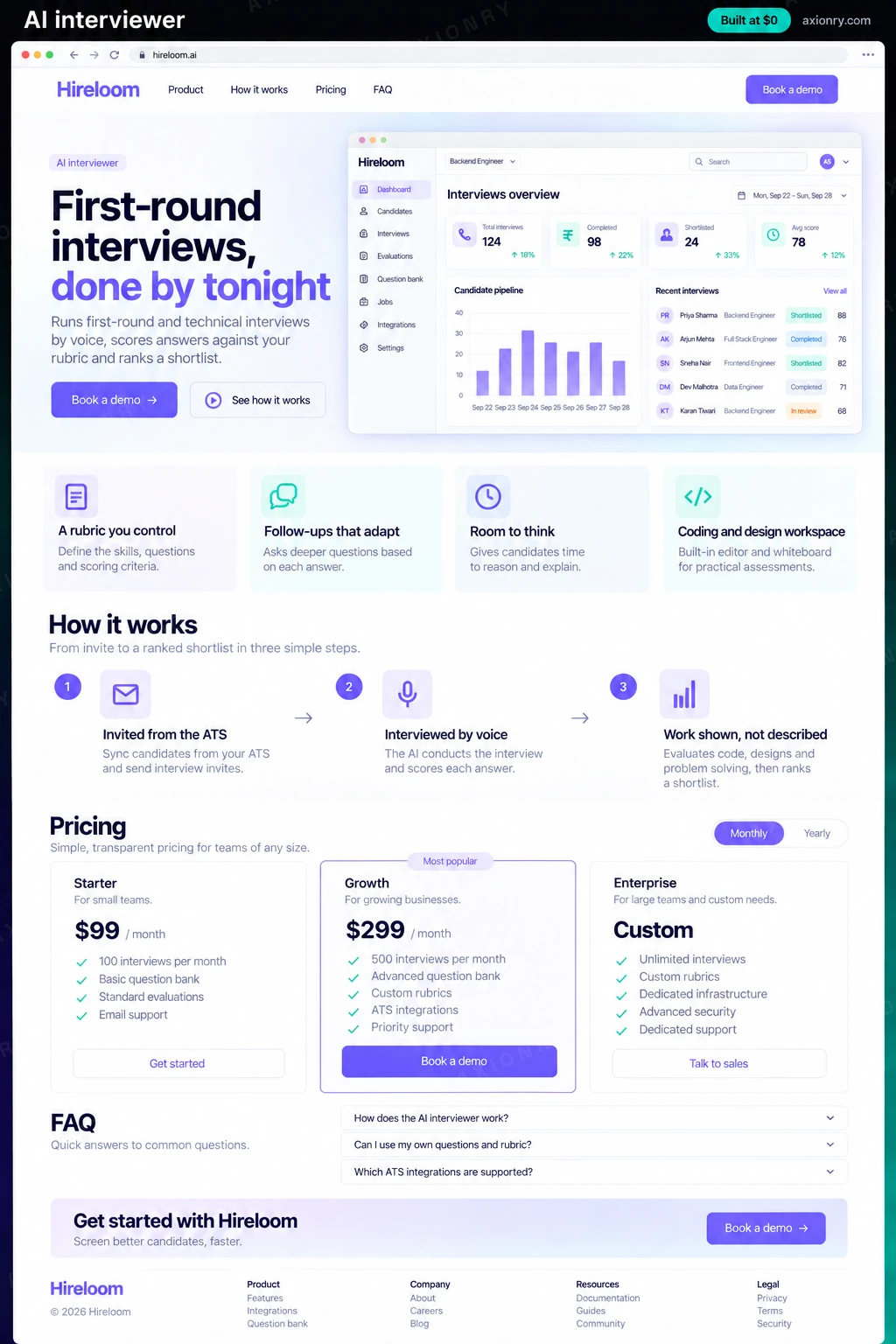 Full-page desktop screenshot of the Hireloom website: a navigation bar, a hero with the headline 'First-round interviews, done by tonight' and a Book a demo button, feature cards for a rubric you control, follow-ups that adapt, room to think and coding and design workspace, a three-step how it works section (invited from the ats, interviewed by voice, work shown, not described), pricing plans, an FAQ and a footer.