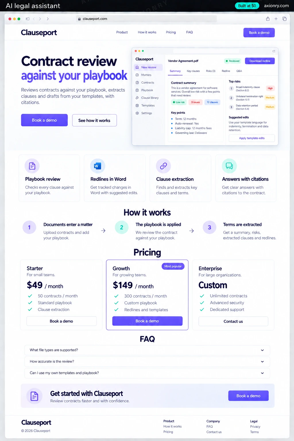 Full-page desktop screenshot of the Clauseport website: a navigation bar, a hero with the headline 'Contract review against your playbook' and a Book a demo button, feature cards for playbook review, redlines in word, clause extraction and answers with citations, a three-step how it works section (documents enter a matter, the playbook is applied, terms are extracted), pricing plans, an FAQ and a footer.