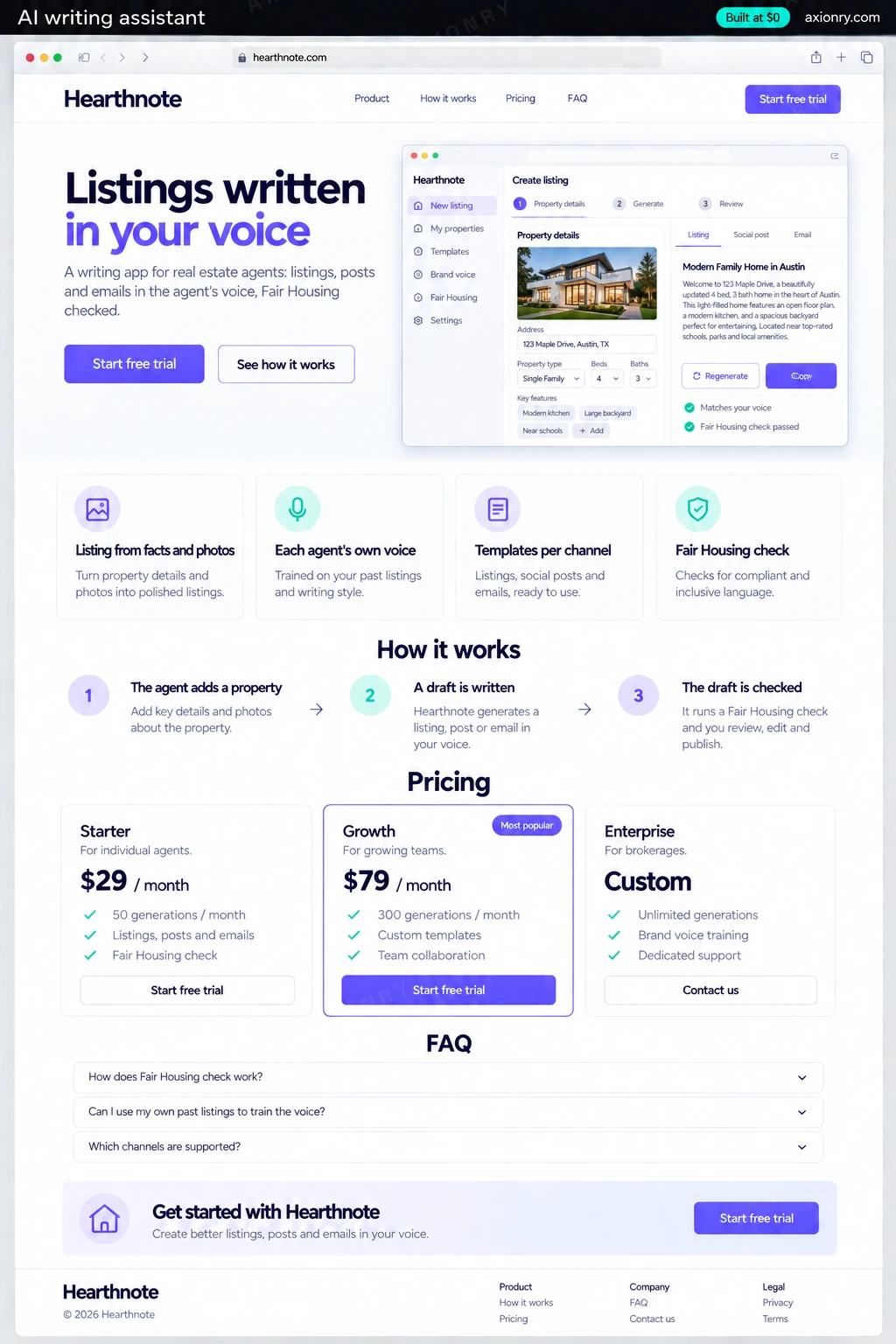 Full-page desktop screenshot of the Hearthnote website: a navigation bar, a hero with the headline 'Listings written in your voice' and a Start free trial button, feature cards for listing from facts and photos, each agent's own voice, templates per channel and fair housing check, a three-step how it works section (the agent adds a property, a draft is written, the draft is checked), pricing plans, an FAQ and a footer.