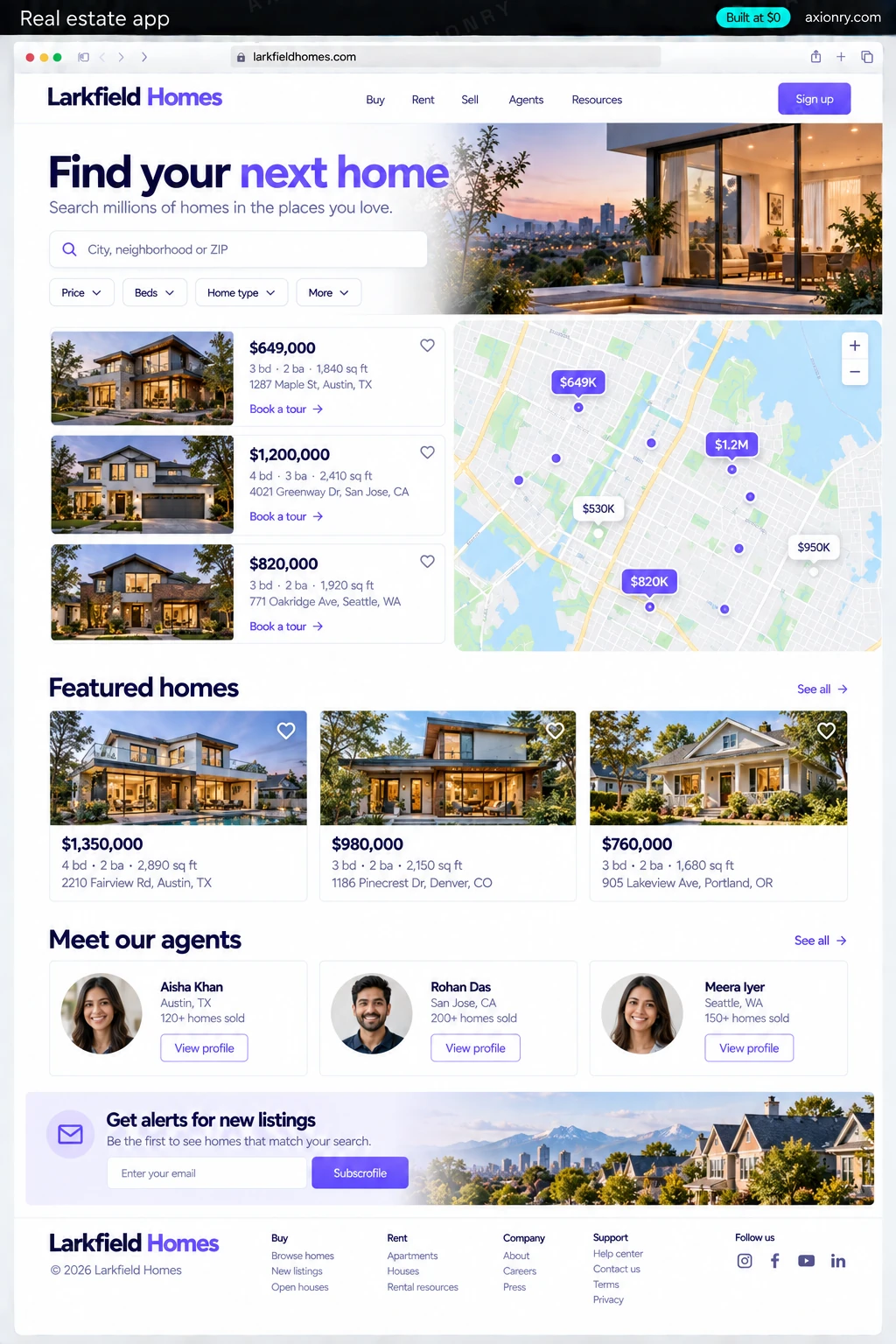 Full-page desktop screenshot of the Larkfield Homes website, an example of a finished real estate app: a hero with the headline Find your next home, a search bar City, neighborhood or ZIP with filter chips Price, Beds, Home type, More; a split view with a map on the right showing price pins like $649K and $1.2M and a list of listing cards on the left, each with a house photo, a price, 3 bd · 2 ba · 1,840 sq ft, an address and a Book a tour link; a section Featured homes with three large listing cards; a section Meet our agents with three agents shown as illustrated avatars with names; a band Get alerts for new listings with an email field; a footer.