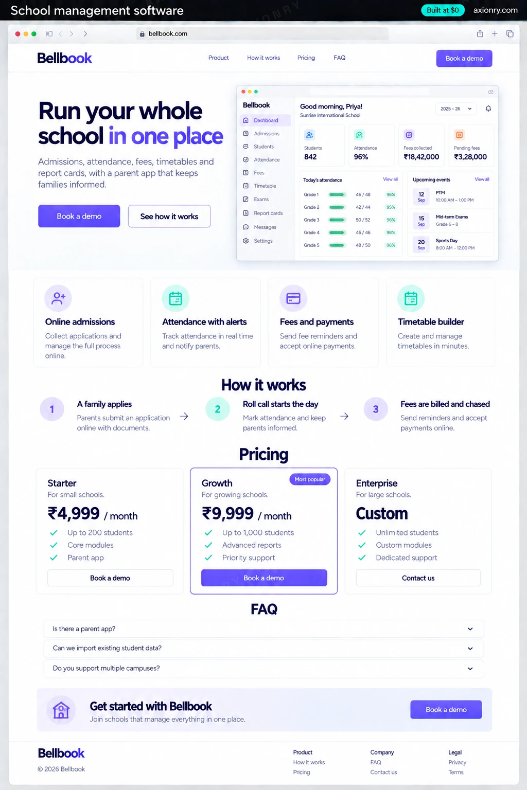 Full-page desktop screenshot of the Bellbook website: a navigation bar, a hero with the headline 'Run your whole school in one place' and a Book a demo button, feature cards for online admissions, attendance with alerts, fees and payments and timetable builder, a three-step how it works section (a family applies, roll call starts the day, fees are billed and chased), pricing plans, an FAQ and a footer.