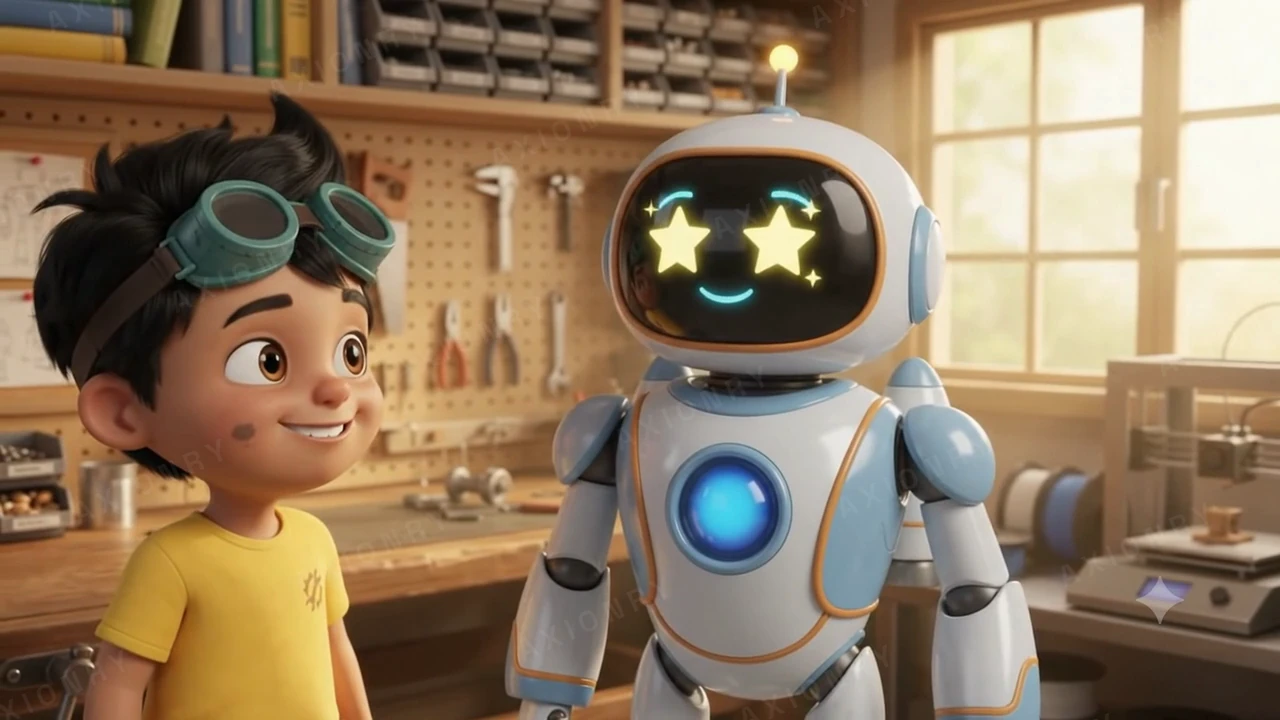 Robot with star eyes, an AI-animated character moment