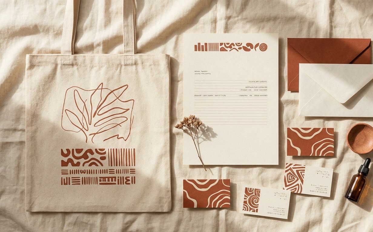 Terracotta brand identity for Halden Ceramics: printed tote bag, letterhead, envelopes and business cards on linen