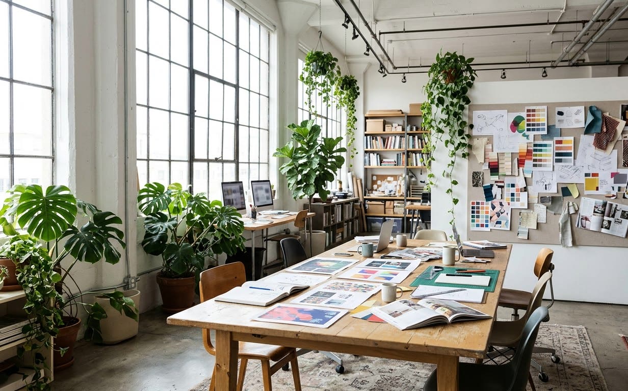 Sunlit Linde Workrooms interior with a long worktable, moodboards and hanging plants